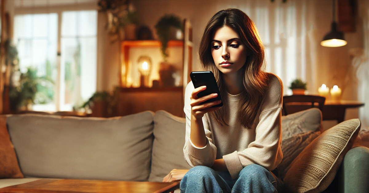 Sähkönmyyntiyhtiön asiakas tarkastelee kotisohvallaan uusimman laskunsa tietoja kännykästä.