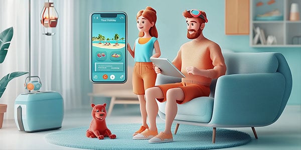 Kuvitettu pariskunta tutkii heille räätälöityjä lomia kannettavan tietokoneen ja mobiililaitteen näytöiltä.