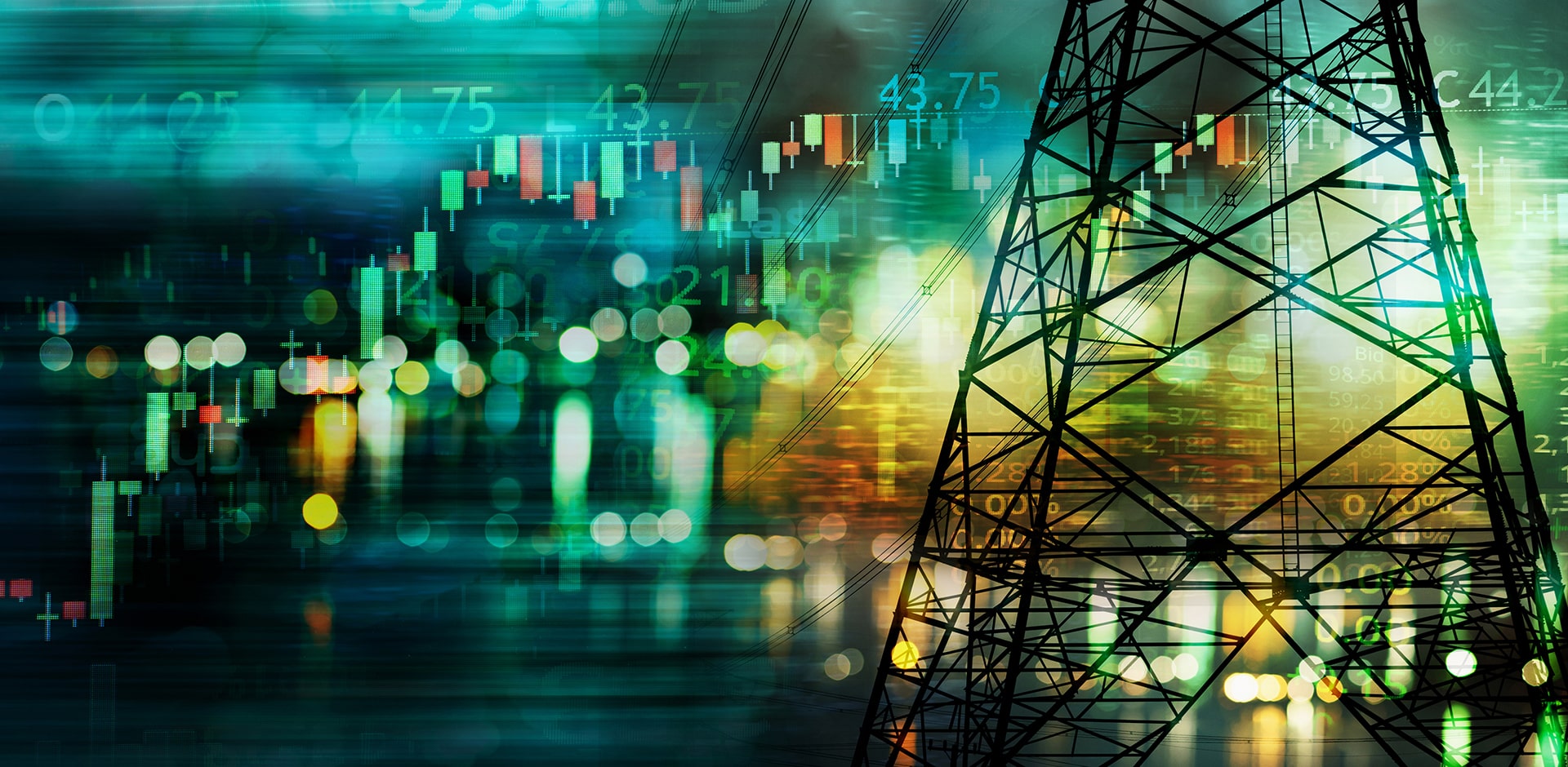 Stock exchange graphics next to a power line against city lights.