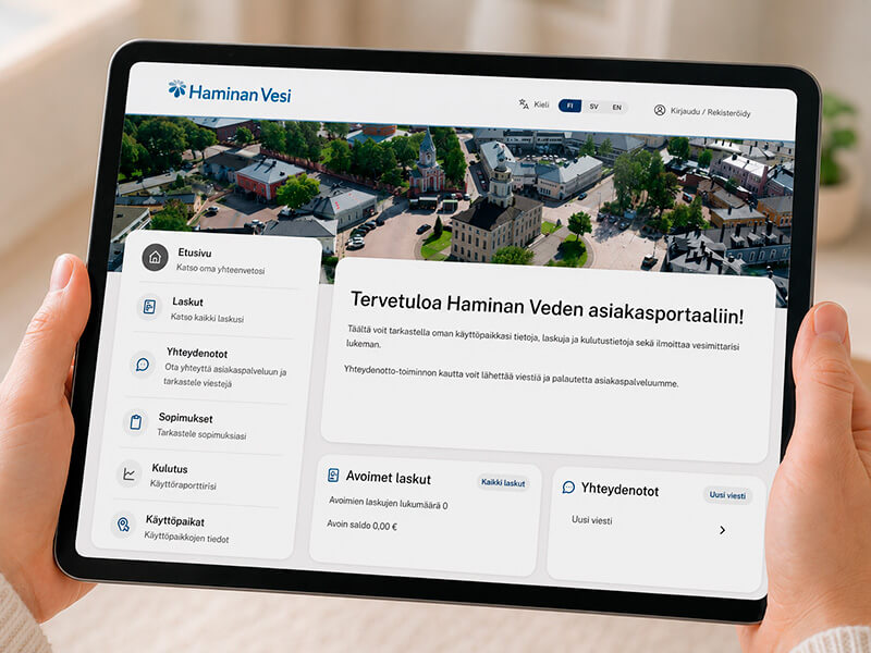 Lähikuva Haminan Veden asiakasportaalista tabletilla.