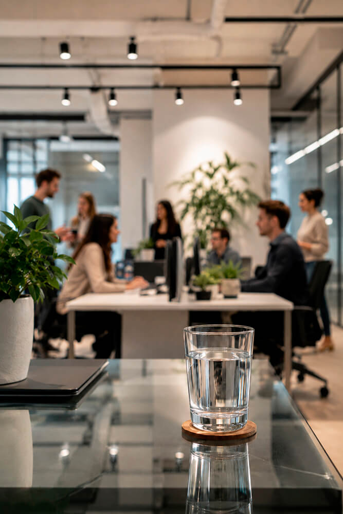 Close-up of a glass of water, with a customer service team working in a modern office in the background.