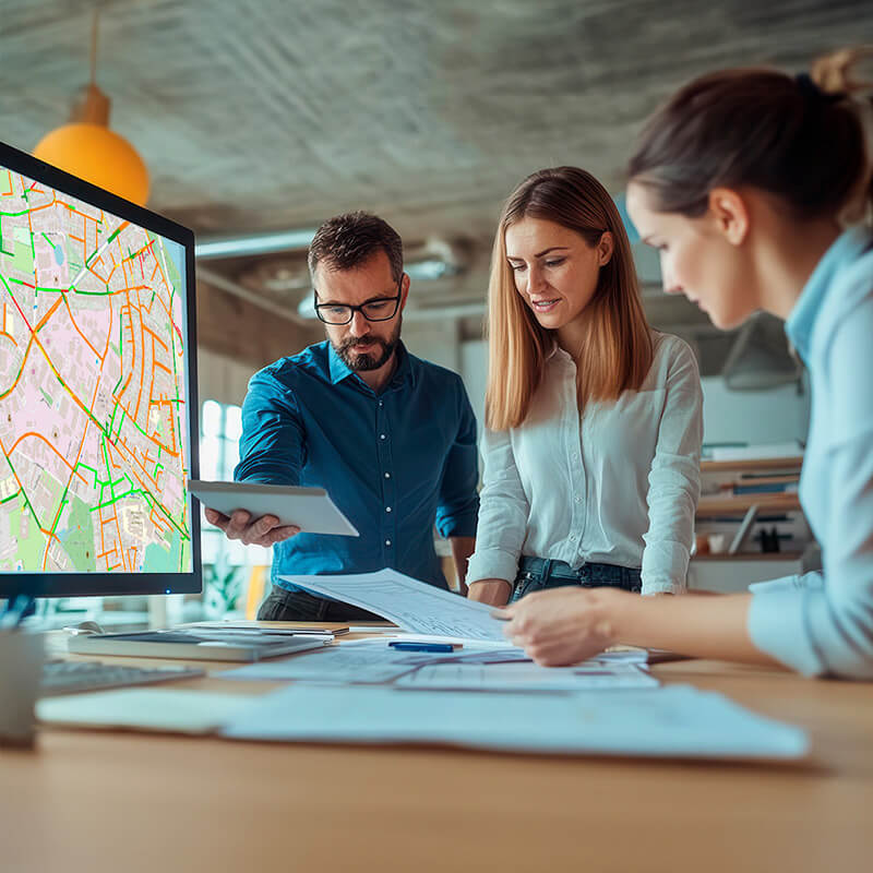 Consultants working at a desk on advanced renovation planning, with a computer screen displaying a map of the network and its condition marked in different colours.