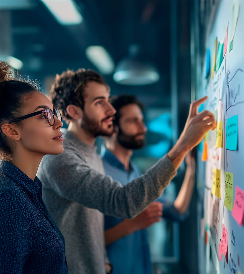 Konsultit suunnittelemassa liiketoiminnan kehittämissuunnitelmaa valkotaululla.