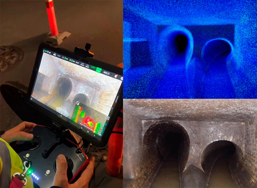 Yhdistelmäkuva, missä näkyy dronen kuljettajan näyttönäkymä, viemäriputkea ja 3D-pilvimallinnusta.
