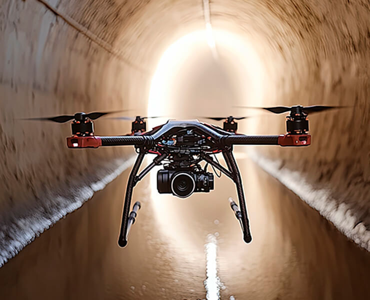 Drone inspecting underground sewer network. AI-powered drone inspections provide accurate, non-intrusive data for efficient maintenance planning.