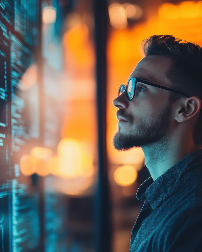 Asiantuntija tarkastelee tietojärjestelmän lähdekoodia näytöltä, symboloiden digitaalista osaamista ja järjestelmäkehitystä energia- ja vesihuoltoaloilla.