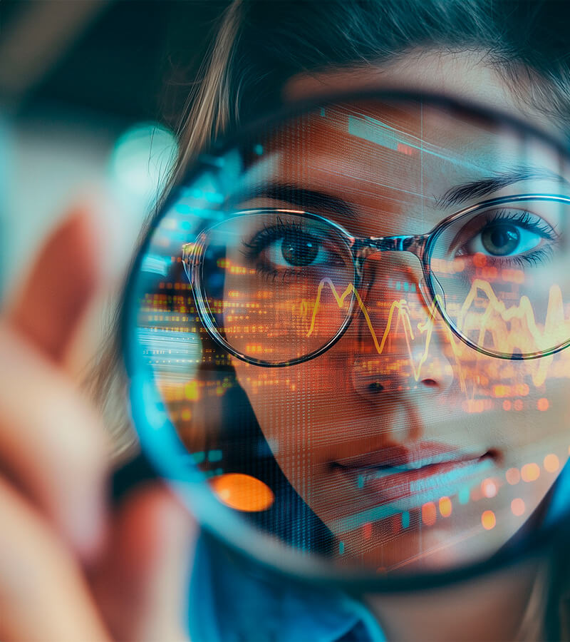 Consultant examining digital graphs and figures through a magnifying glass – Power BI solutions revealing insights for smarter decision-making.