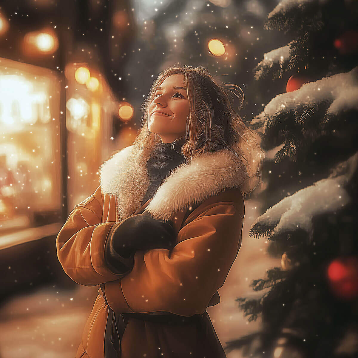 Ägaren till butiken önskar i hennes sinne det bästa kassasystemet från jultomten, iklädd en varm vinterrock.