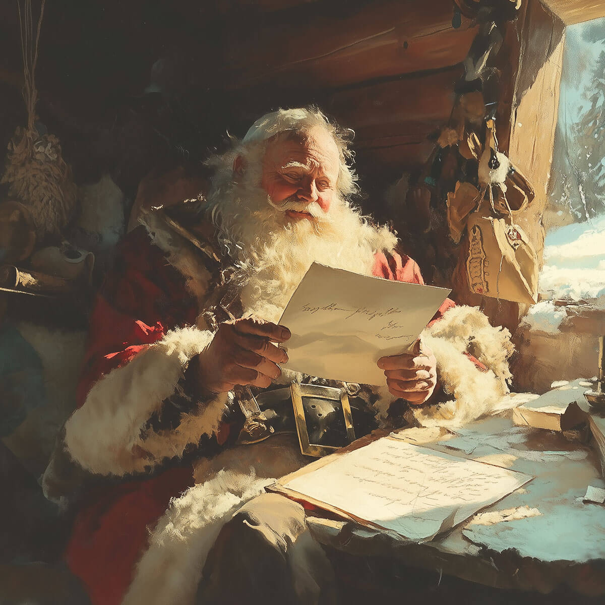 Tomten läser ett brev från en butiksägare
