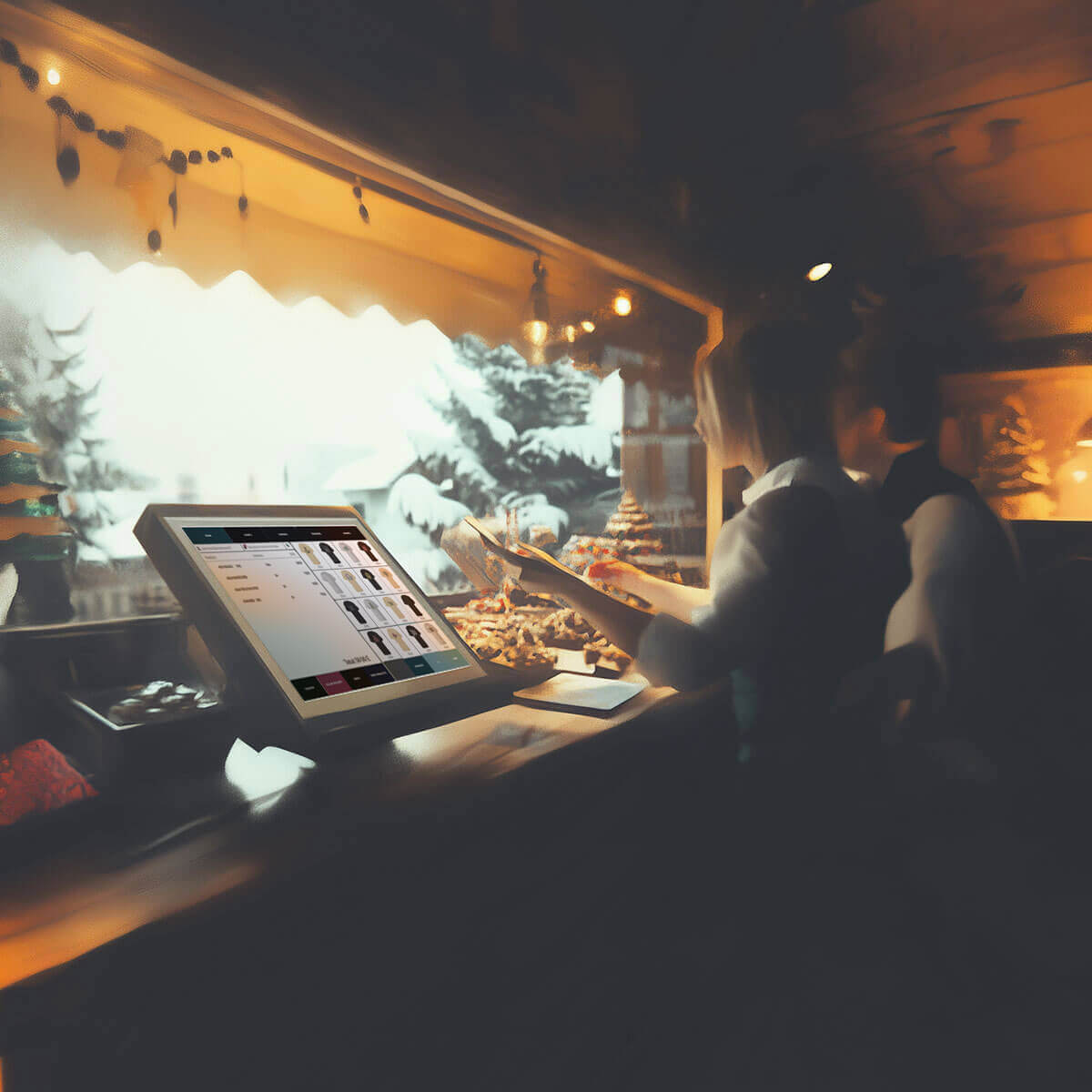 Detaljhandelsanställda accepterar betalningar med det bästa POS-systemet - Solteq Commerce Cloud - under den hektiska säsongen.