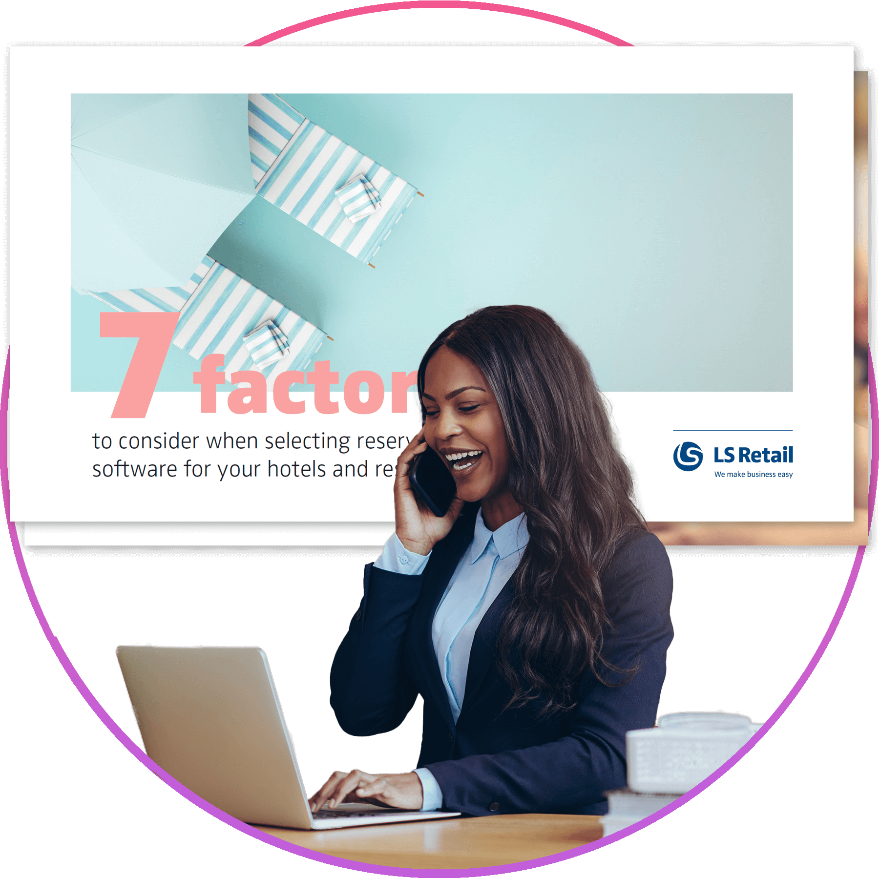 Happy female hotel receptionist working with laptop
