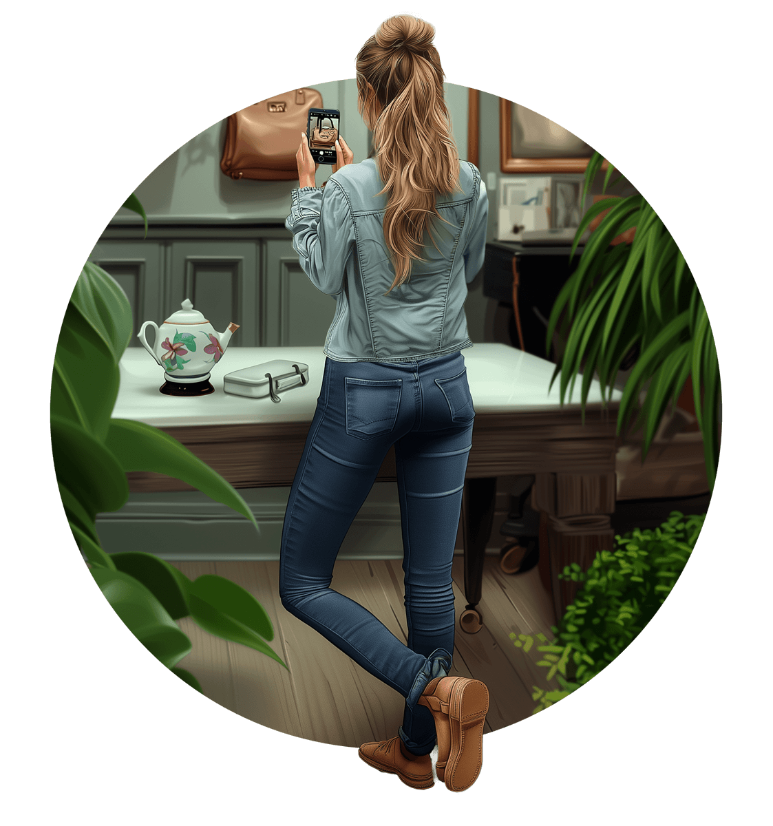 PIM eBook guide Charlie - blonde haired female who is wearing jeans and casual shirt created via generative AI is taking a product photo of a handbag in retail store