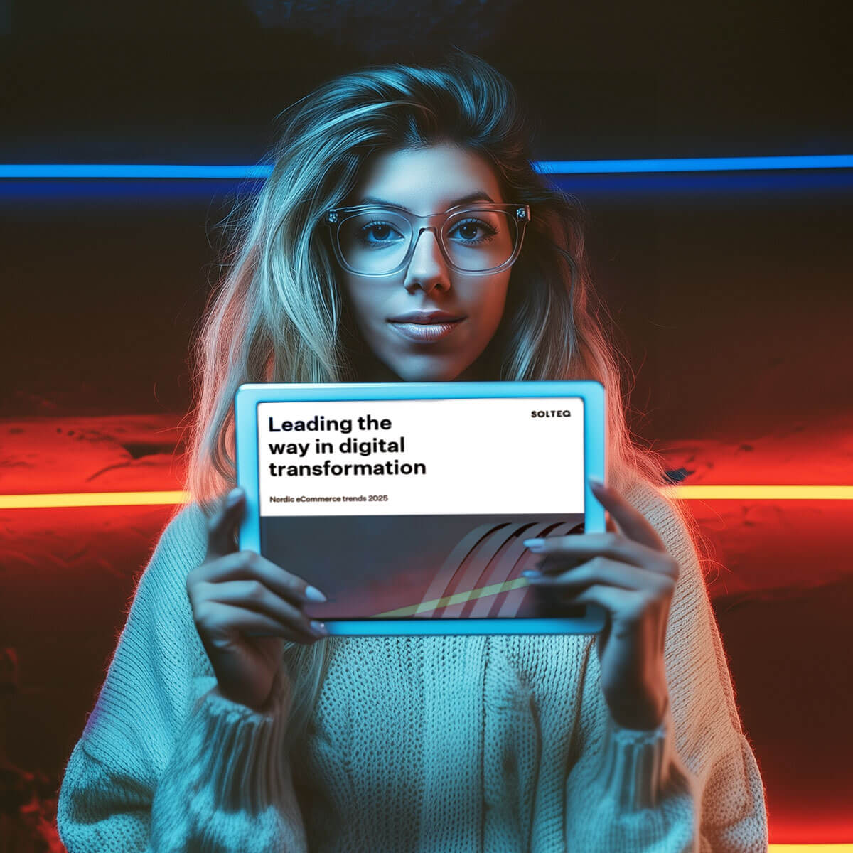 Woman with transparent glasses wearing sweater, looking towards the camera and showing tablet screen with Nordic eCommerce trend report cover on the screen. Image has a futuristic ambient lighting.