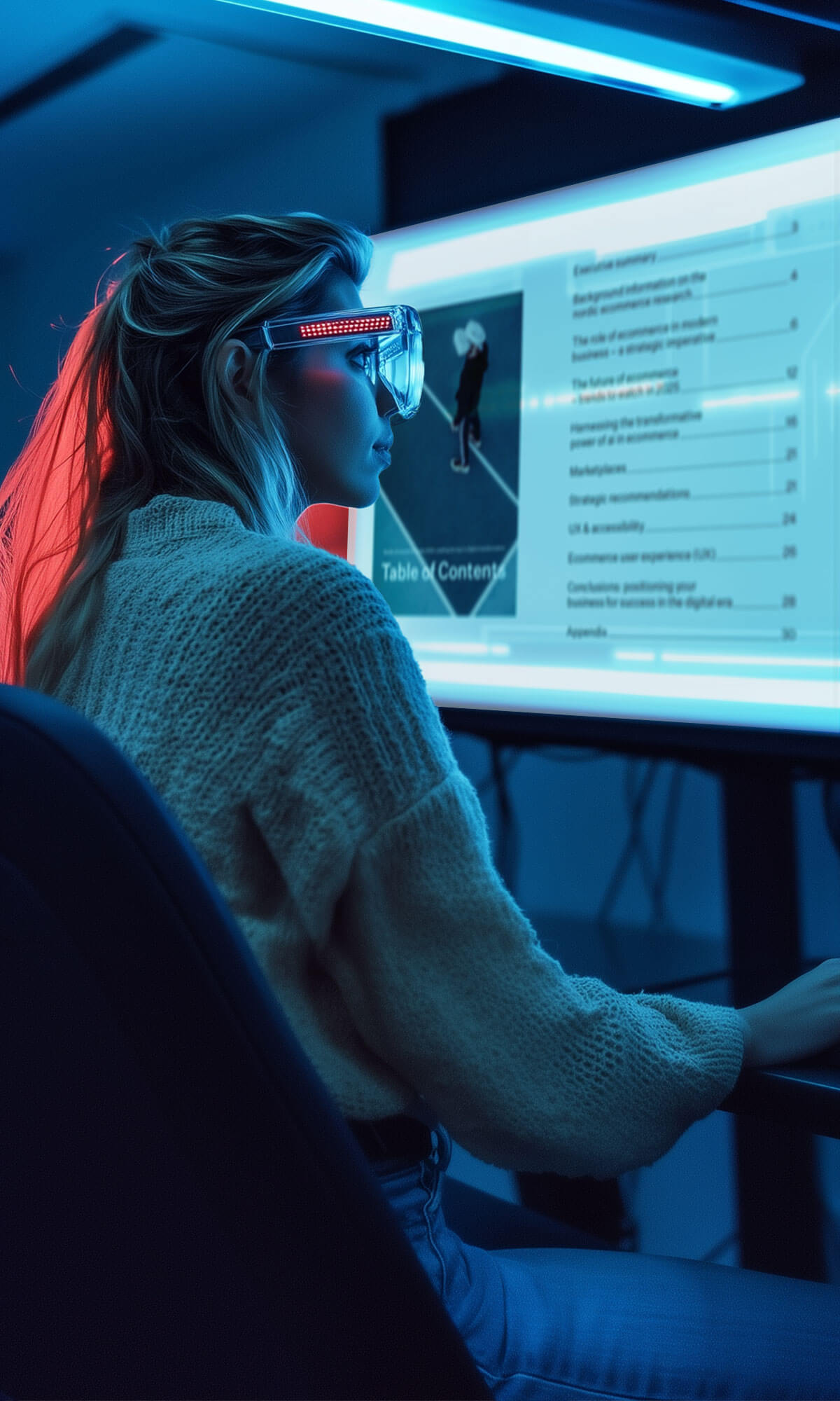 Woman with transparent glasses wearing sweater is reading Nordic eCommerce trend report cover from the screen. Image has a futuristic ambient lighting.