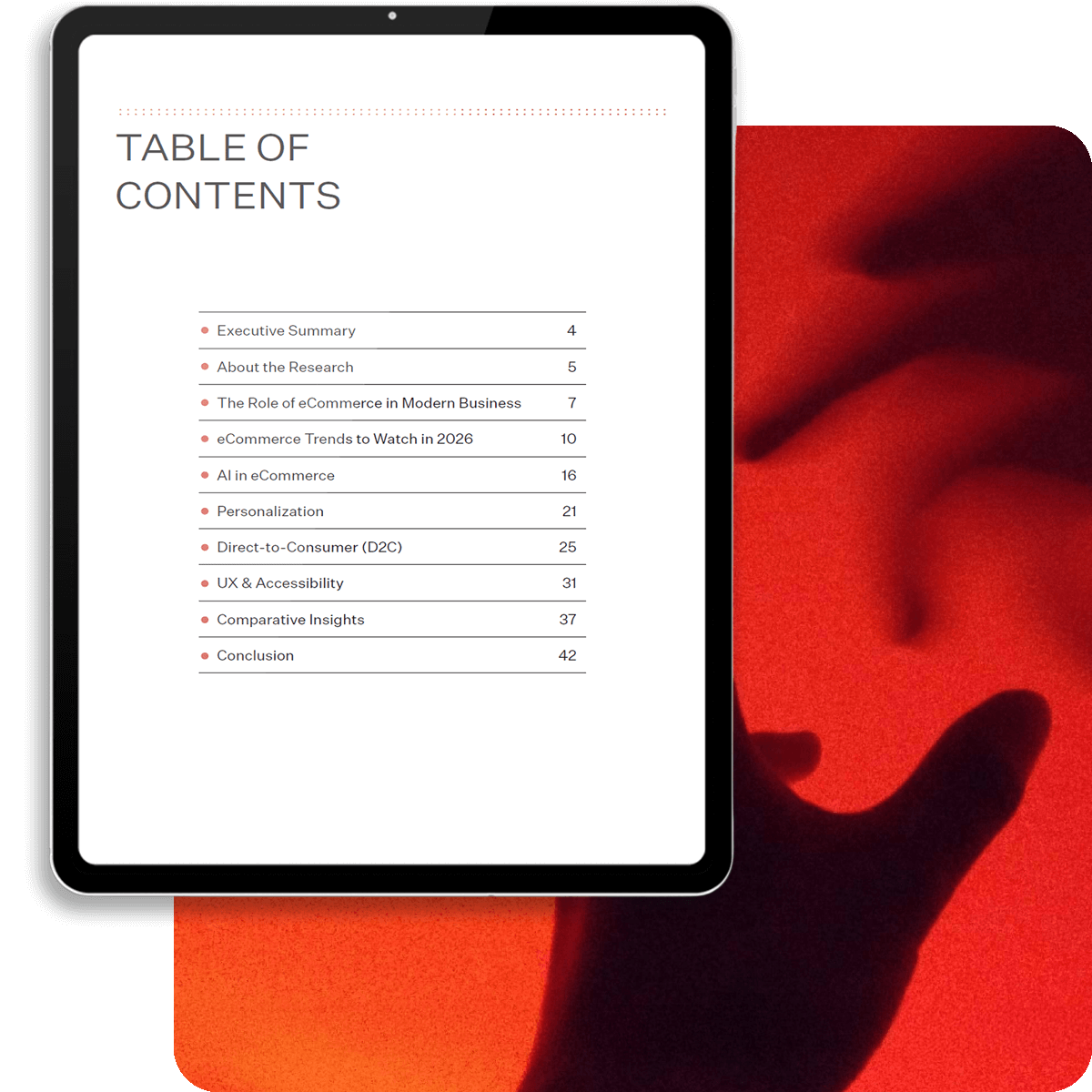 Tablet with Nordic eCommerce Trend Report 2026 table of contents on the screen.