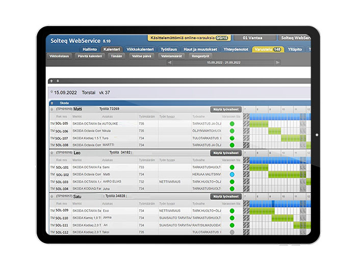 Solteq WebService back-end view, vehicle maintenance system.