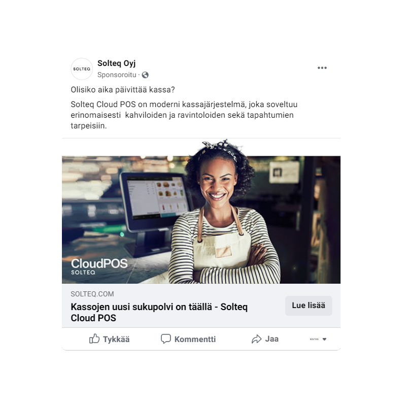 Solteqs Facebook-annons med Commerce Cloud-tema