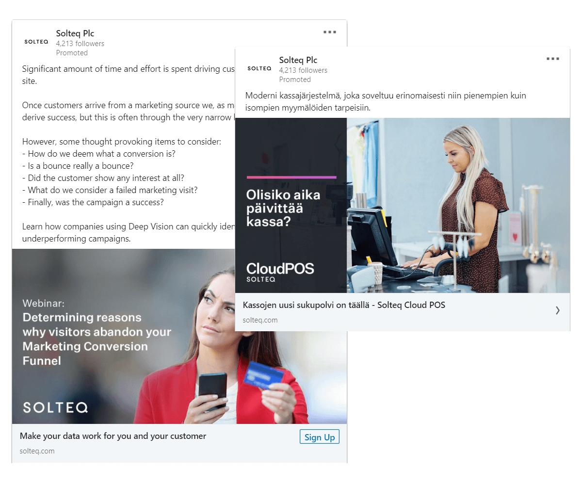 Solteq webinaarin ja Cloud POS tuotteen LinkedIn mainoksia