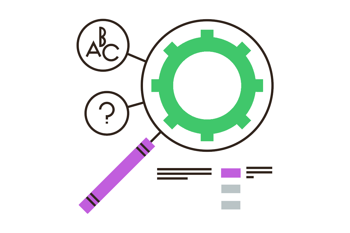 Analytics tools flat line icon where a magnifying glass lens inside a cogwheel