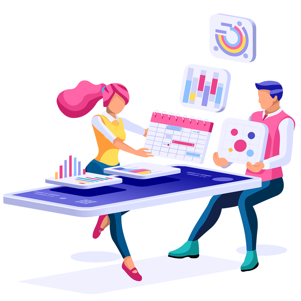The illustrated woman and man go through marketing automation services at the table