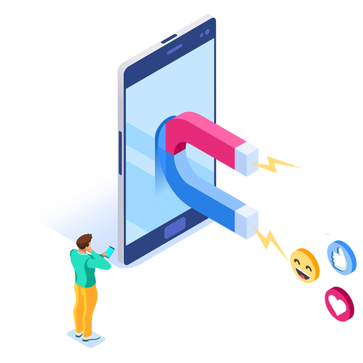 I hjertet af automatisering af inbound marketing er en magnet, der dukker op fra telefonen, som tiltrækker reaktioner på sociale medier