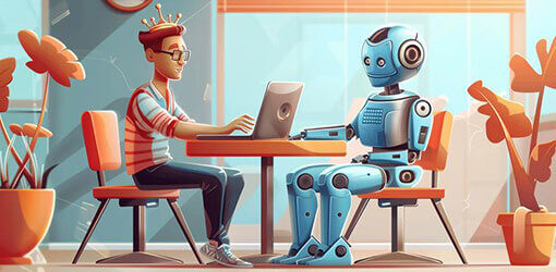 Illustration of human and AI robot sitting by the table