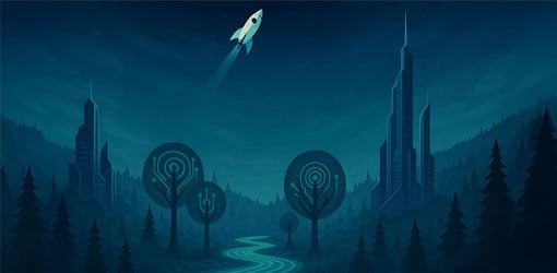 Blue toned mountain view with trees and futuristic buildings. Space rocket flying to the space.