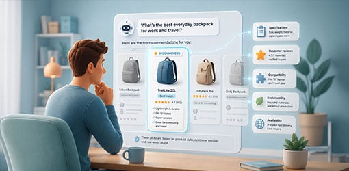 A person compares AI-generated backpack recommendations supported by product data, customer reviews, specifications and availability.