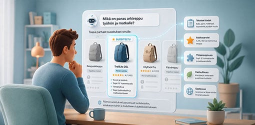 Kuvitus henkilöstä vertailemassa tekoälyn suosittelemia reppuja tuotetietojen, asiakasarvioiden, yhteensopivuuden, vastuullisuuden ja saatavuuden perusteella.