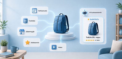 Sininen reppu on keskellä, ja siihen yhdistyvät verkkosivustoa, tuotedataa, jälleenmyyjiä, asiakasarvioita ja videoita kuvaavat tietolähteet. Oikealla AI-tuoteassistentti suosittelee reppua.