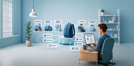 Illustration of a blue backpack at the center of a product information flow between a manufacturer, distributor, retailer, customer and service network, with product data, images, reviews, availability and compliance information around it.