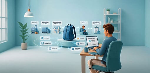 Kuvitus sinisestä repusta tuotetiedon kulun keskellä valmistajan, maahantuojan, jälleenmyyjän, asiakkaan ja palveluverkoston välillä sekä tuotetietoihin, kuviin, arvioihin, saatavuuteen ja vaatimustenmukaisuuteen liittyvillä tietoelementeillä.