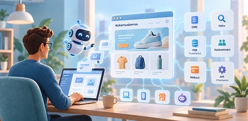 Tekoälyavusteinen kehittäjä rakentaa composable commerce -verkkokauppaa, joka yhdistyy CMS:ään, hakuun, PIMiin, asiakastietoon, maksuihin ja rajapintoihin.