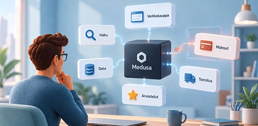 Illustration of Medusa as the commerce core, connected to storefront, search, data, payments, delivery and reviews.