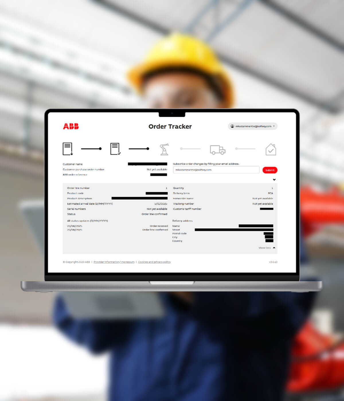 ABB Order Tracker on a laptop screen 