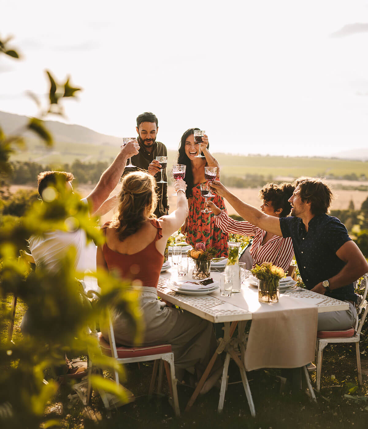 A group of six friends raising glasses of red wine in a toast around a white outdoor dining table, surrounded by lush greenery and an open countryside landscape in warm golden sunlight.