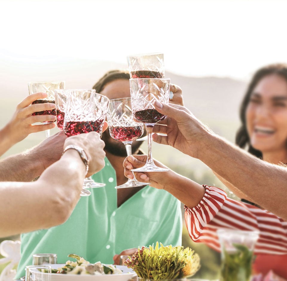 Group of people celebrating and raising a toast