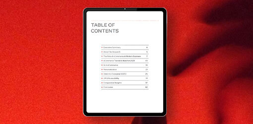 Tabletti, jonka näytöllä on Nordic eCommerce Trend Report 2026 -raportin sisällysluettelo.