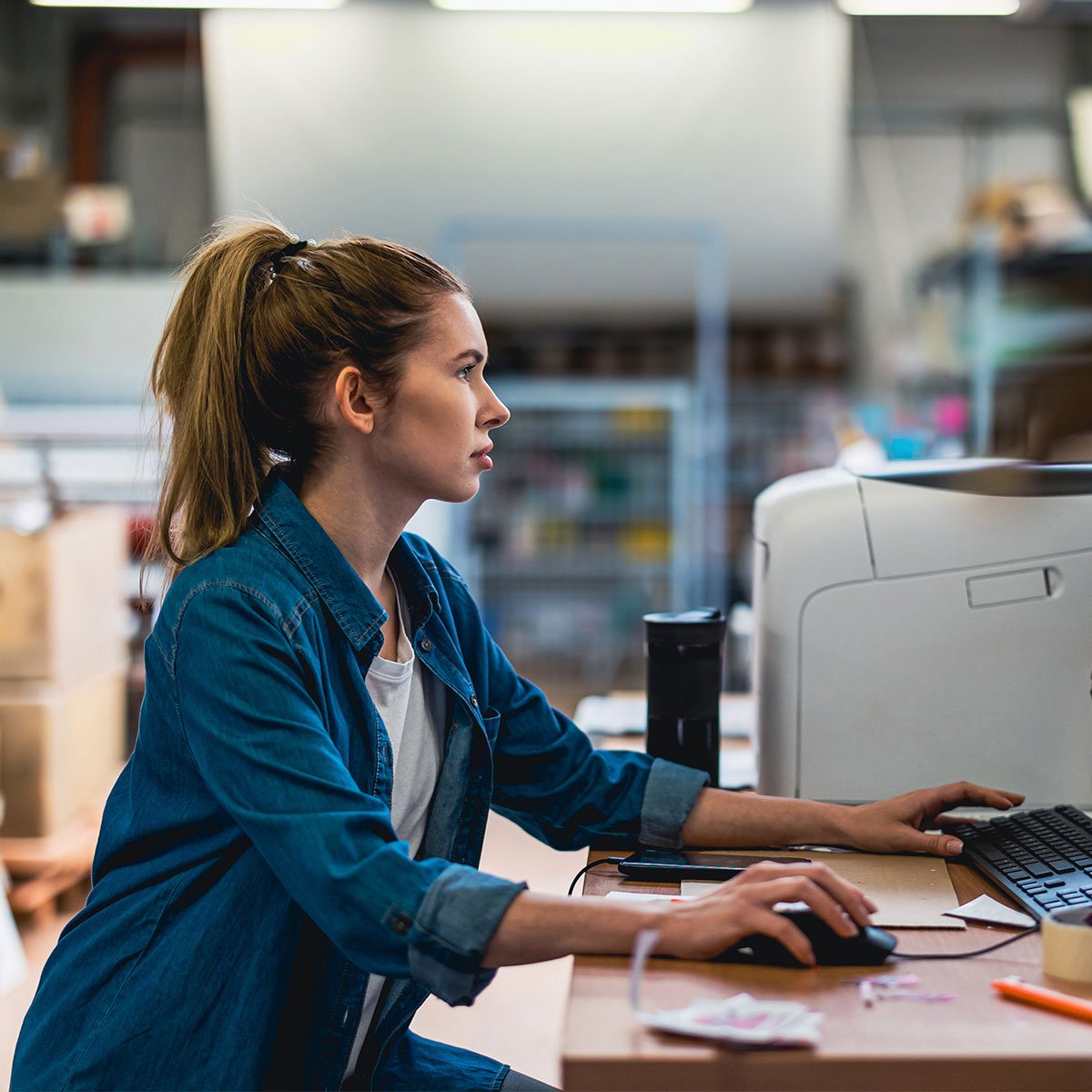 Woman working with laptop on large e-commerce warehouse operated by HCL Commerce e-commerce platform