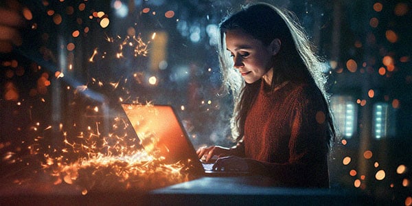 Woman reviewing personalization workshop results with her laptop, spark flying in the background