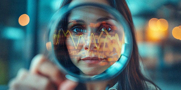Woman observing personalization pre-study through magnifying glass