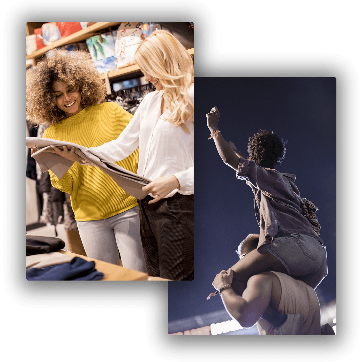 Women browsing trousers in a clothing store and a live event crowd scene, illustrating tailored retail and experience-driven commerce powered by a modular POS platform