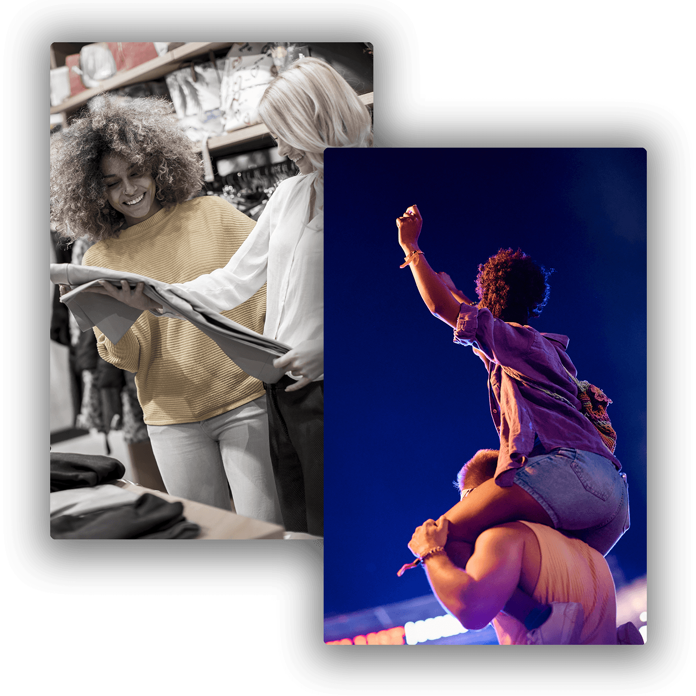 Women browsing trousers in a clothing store and a live event crowd scene, illustrating tailored retail and experience-driven commerce powered by a modular POS platform