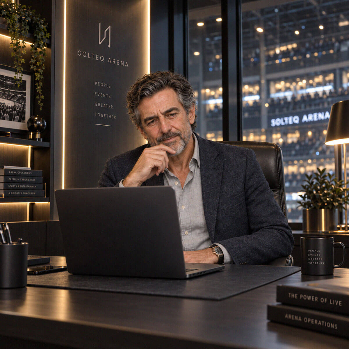 Arena manager sitting at his desk in a modern Solteq Arena office, thoughtfully looking at a laptop with the illuminated arena visible through the windows behind him.