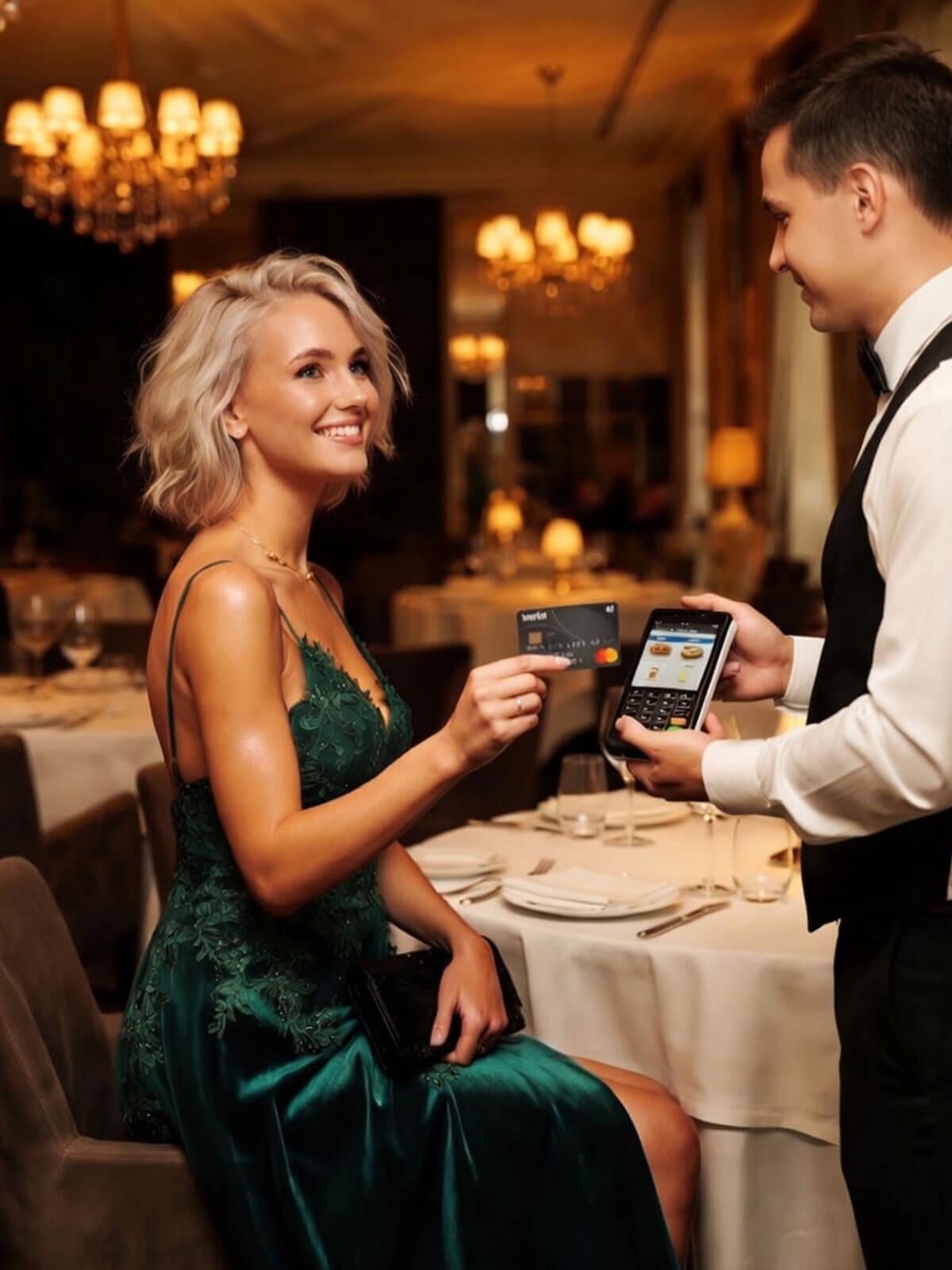 Blonde haired woman in a green evening gown at luxury restaurant payment experience with modern cloud-based POS system and contactless card transaction