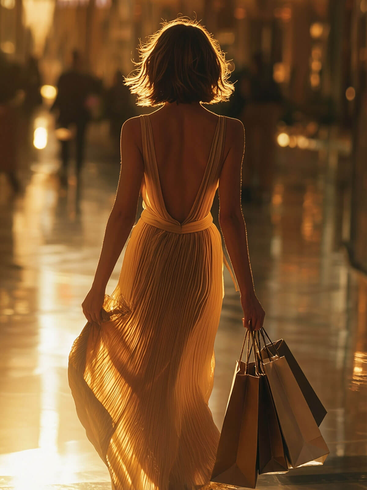 Woman walking along shopping center aisle with shopping bags with modern retail shopping journey supported by unified commerce platform across physical and digital channels