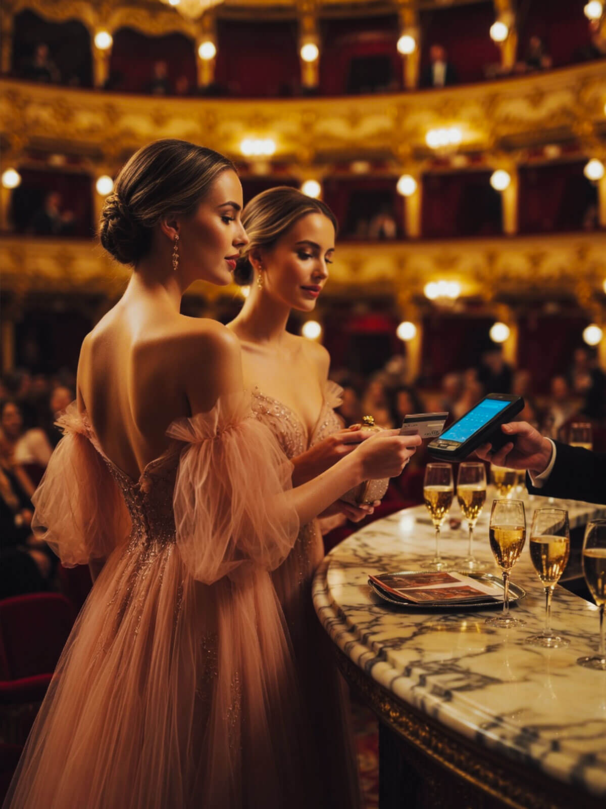 Two women in a matching evening dresses doing seamless payment at a premium venue using a mobile POS device in a high-end customer experience setting