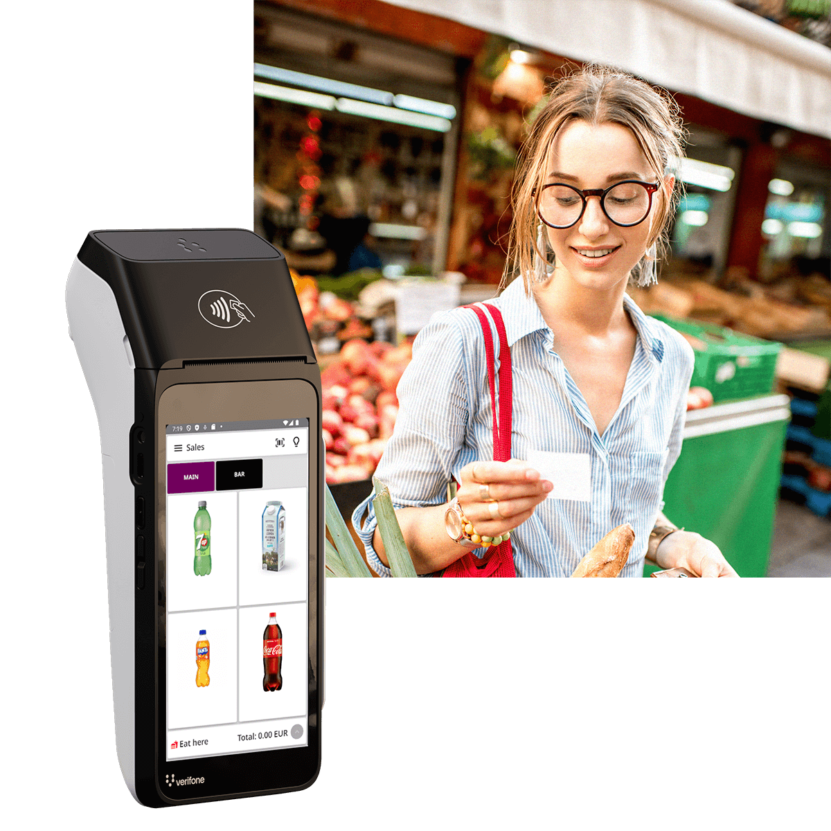 Verifone T650p og kvinde kigger på kvittering udskrevet af mobil betalingsterminal