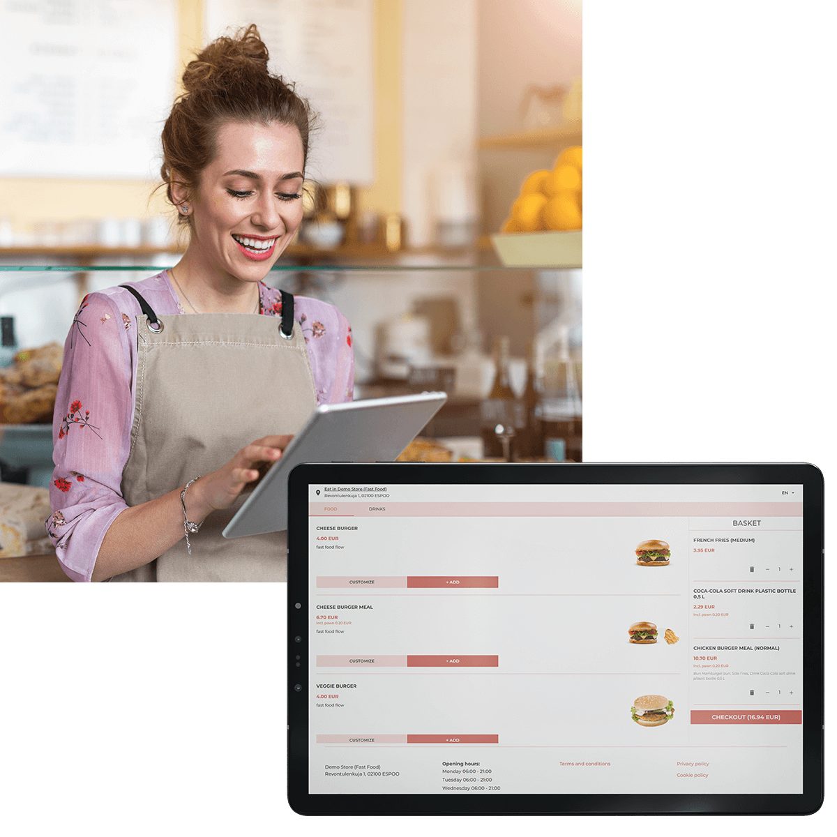 Restaurant owner is viewing online shop sales report from her tablet, online shop reports on a tablet screen.