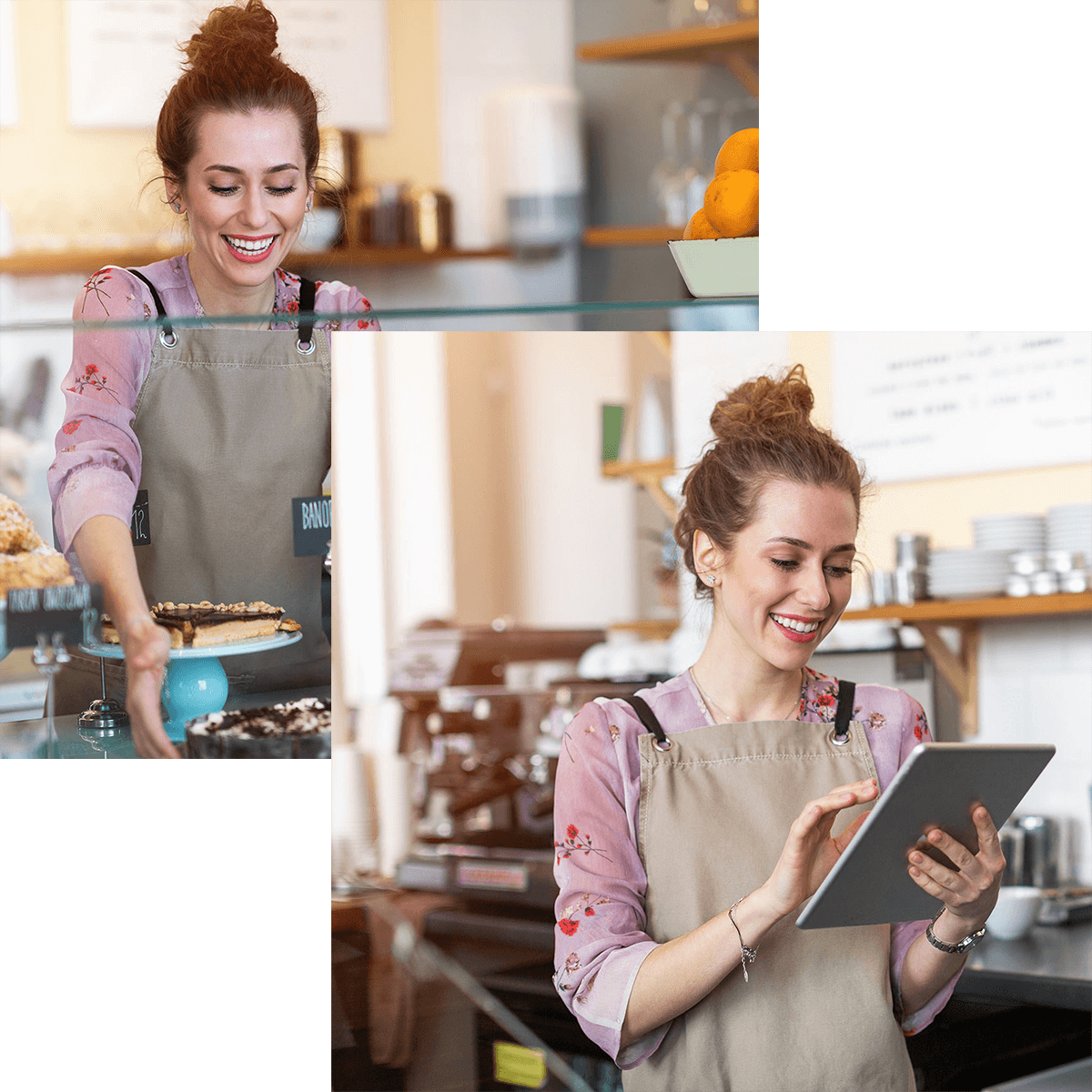 The restaurant owner puts out the pastries and looks at the weekly sales report on the tablet screen.